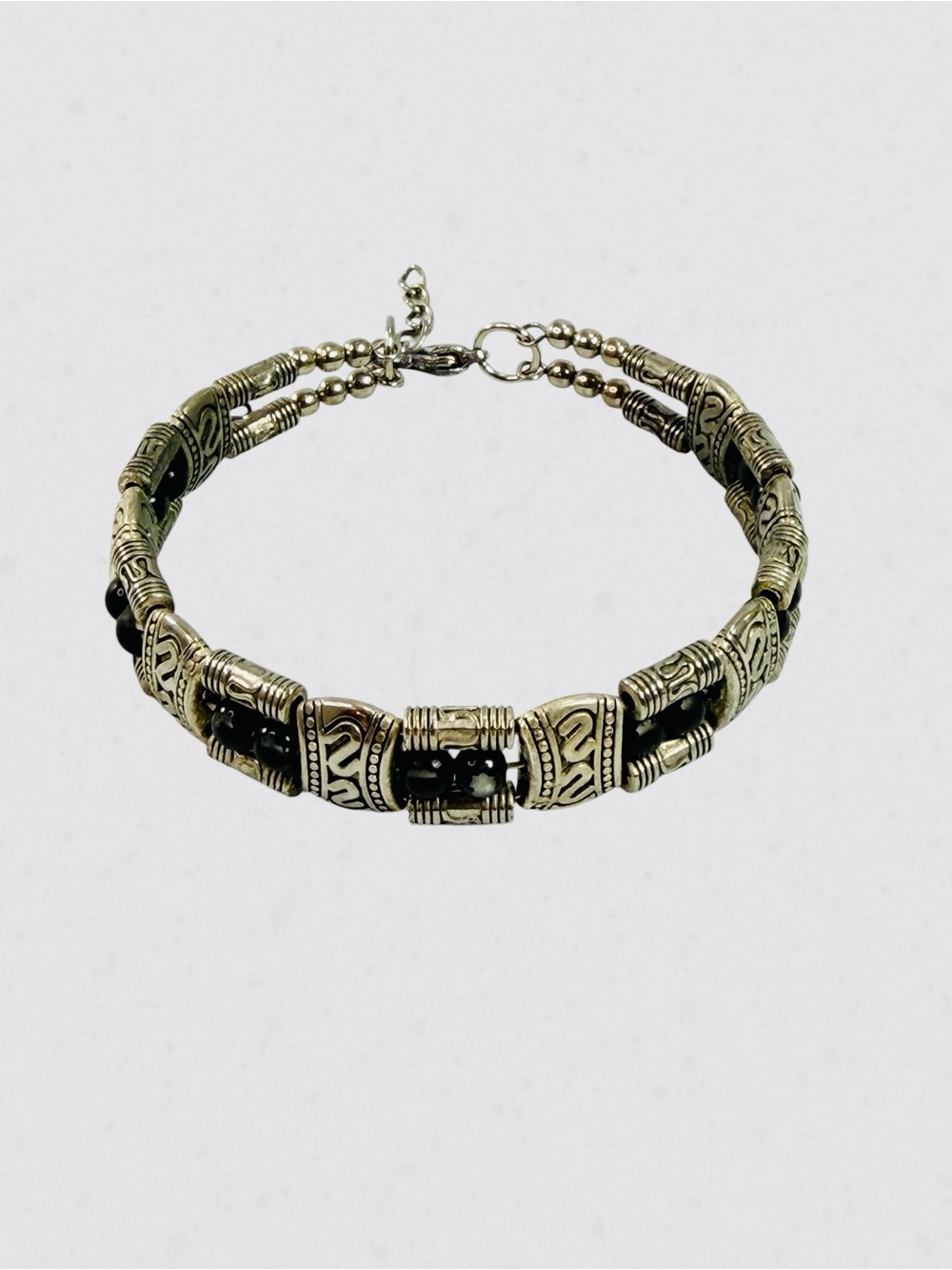 Vintage Filigree Silver Black Bead Bangle Bracelet Adjustable Lobster Close 7”